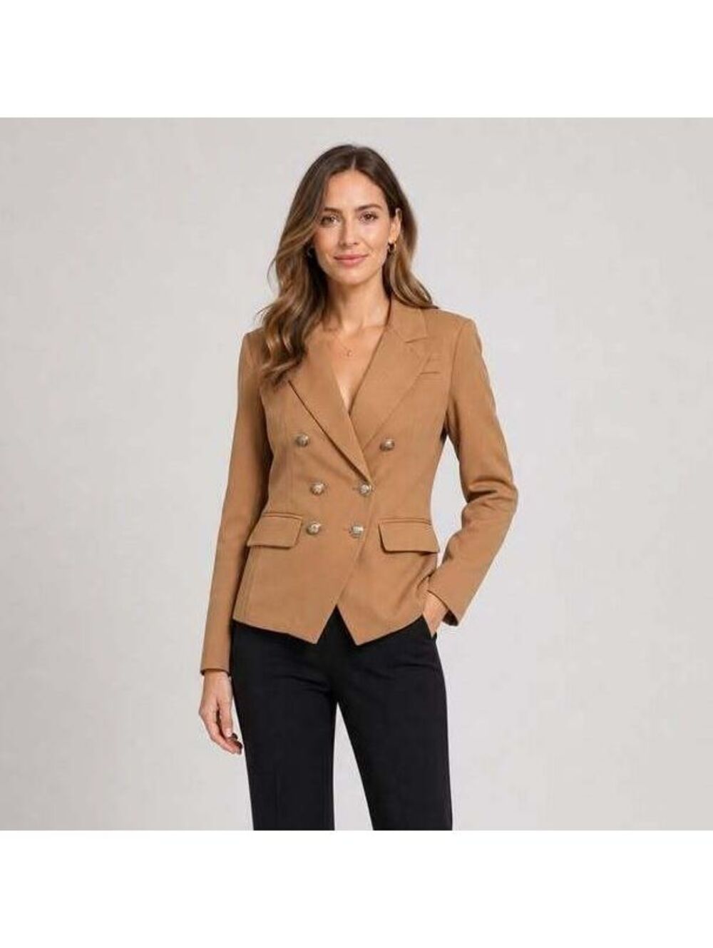 Mine Women's Camel Brown Double-Breasted Large Blazer Gold Buttons Boho